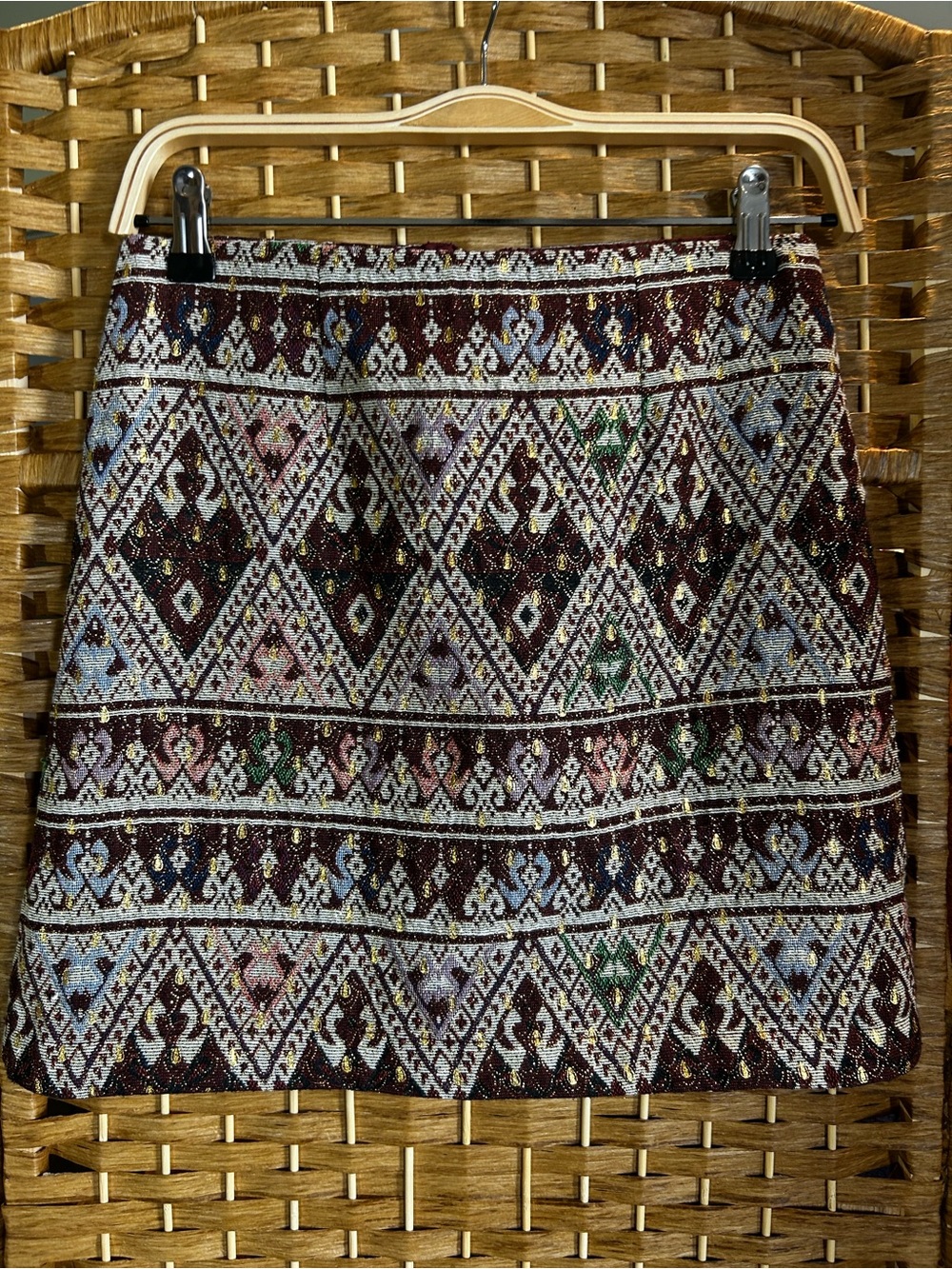 Metallic Tapestry Mini Skirt Size S Lined Boho Festival Geometric Blue Rain